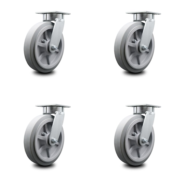 8 Inch Kingpinless Thermoplastic Rubber Wheel Swivel Top Plate Caster, 4PK